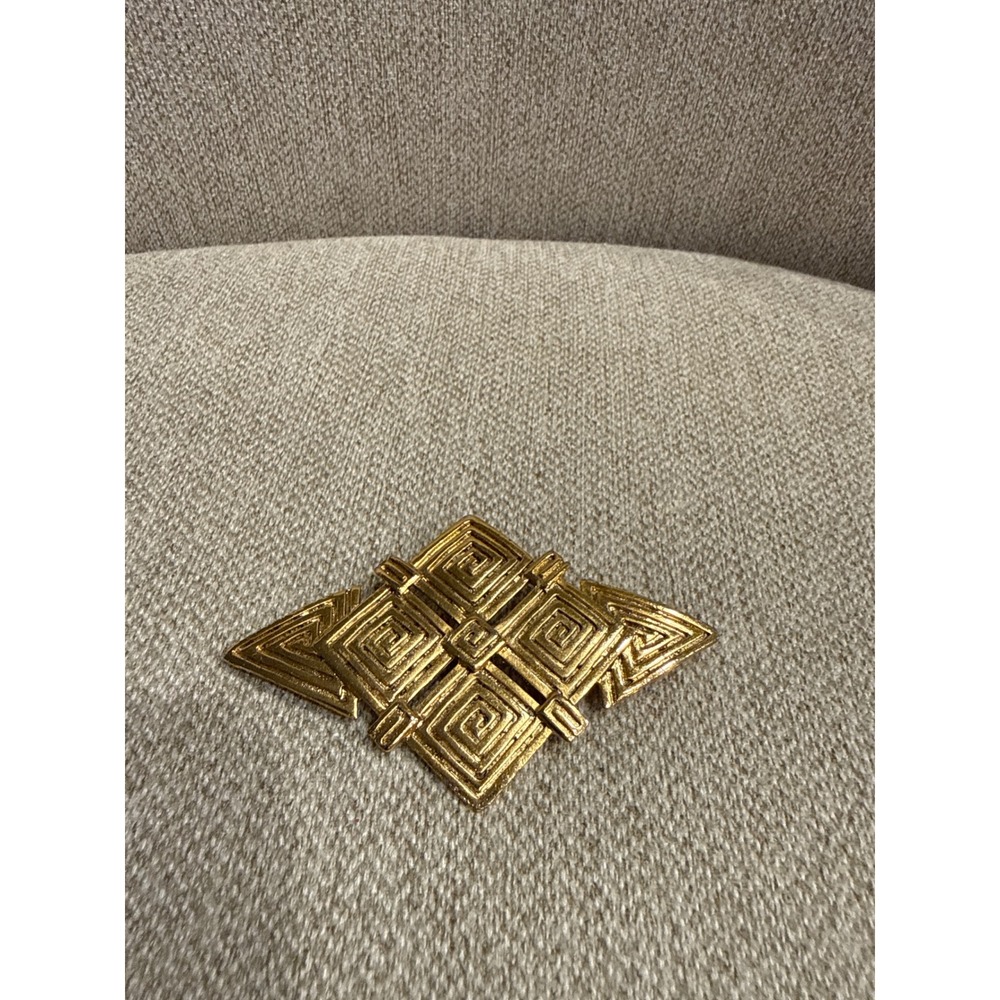 Vintage 1980s Brooch Pin Gold Tone Geometric Maze Greek Key Statement Modernist